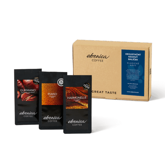 Degustačný balíček Klasické kávy od EBENICA COFFEE s kávami v popredí