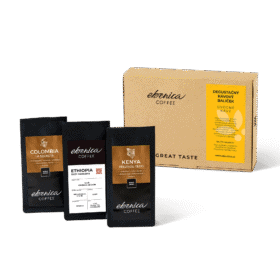 Degustačný balíček Ovocné kávy EBENICA COFFEE s kávami v popredí